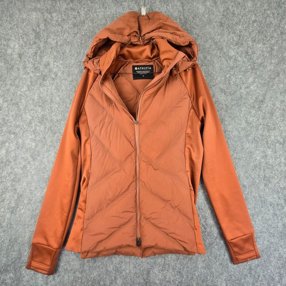 Athleta Inlet Jacket Women Medium Burnt Orange Slim Fit Hooded Down Hybrid